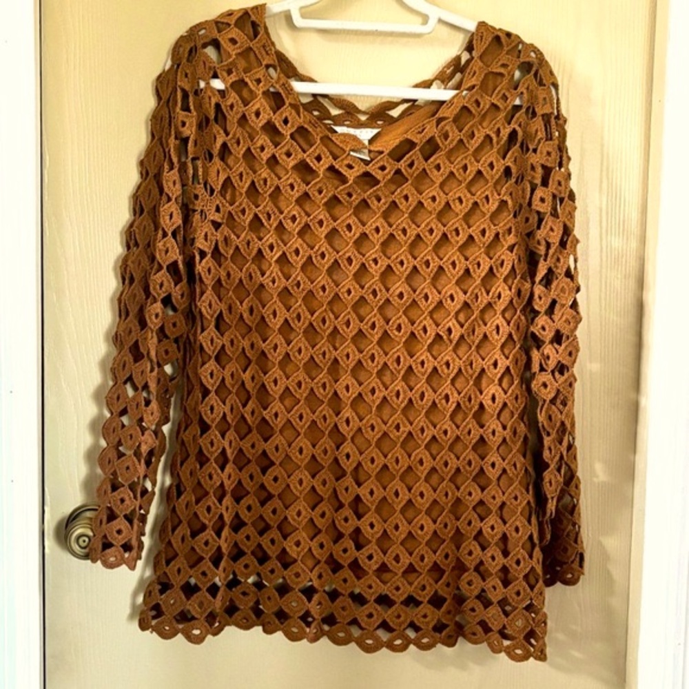 Outfit JP Brown, open checkered crochet top, two layer sweater, retro, bohemian